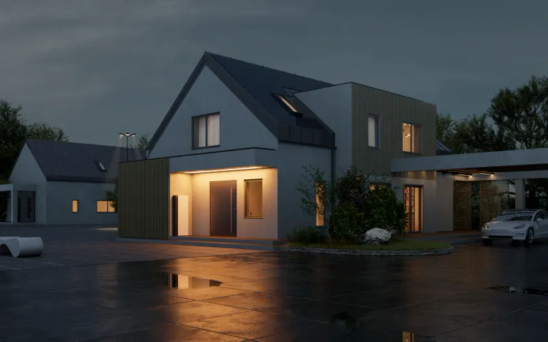 Modern home with intelligent energy system at night