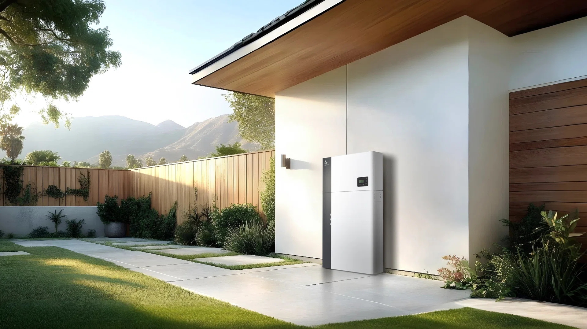 Home battery system in bright daylight setting